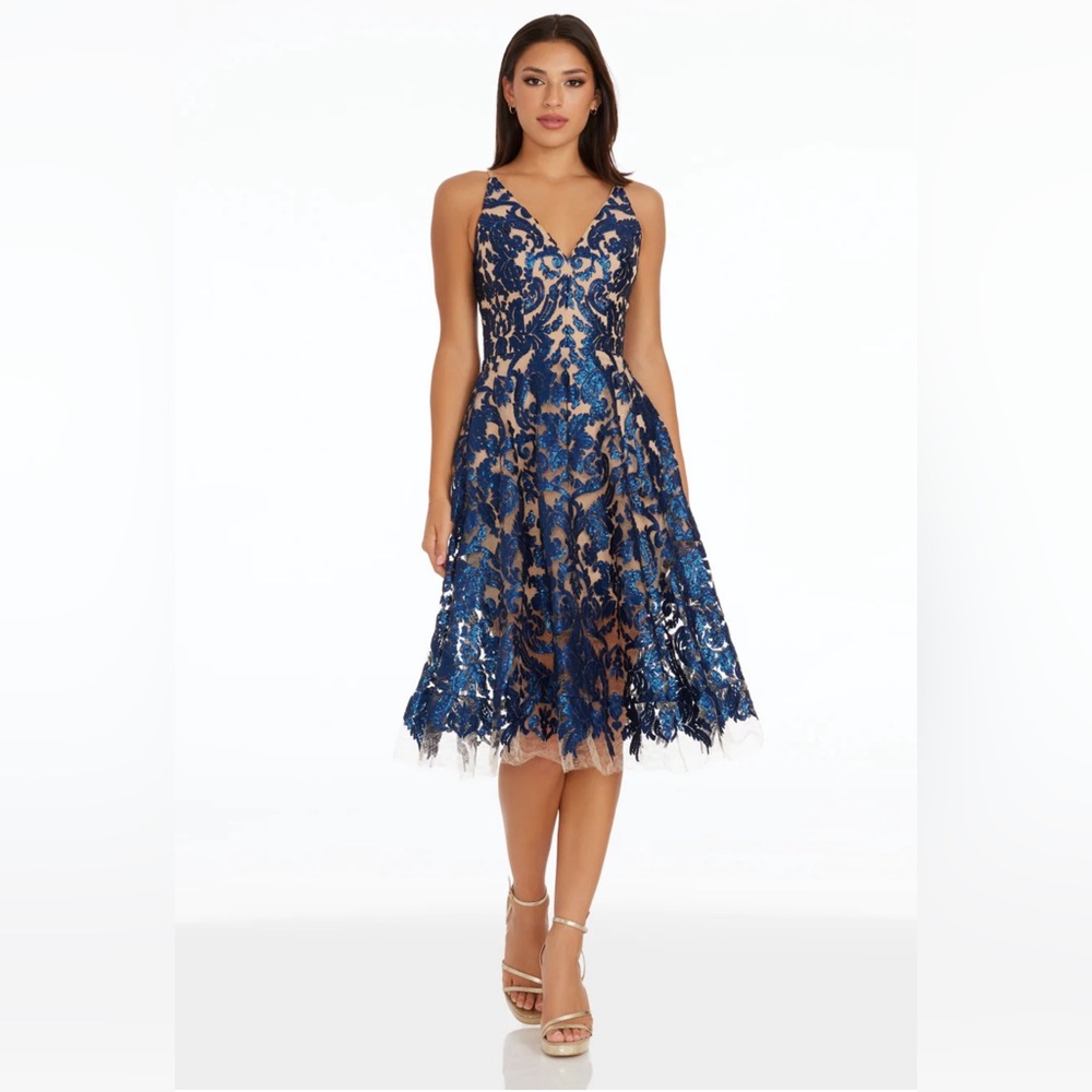 New Dress the Population Women's Blair Plunging Fit and Flare Midi Dress Sz XL - Picture 3 of 5